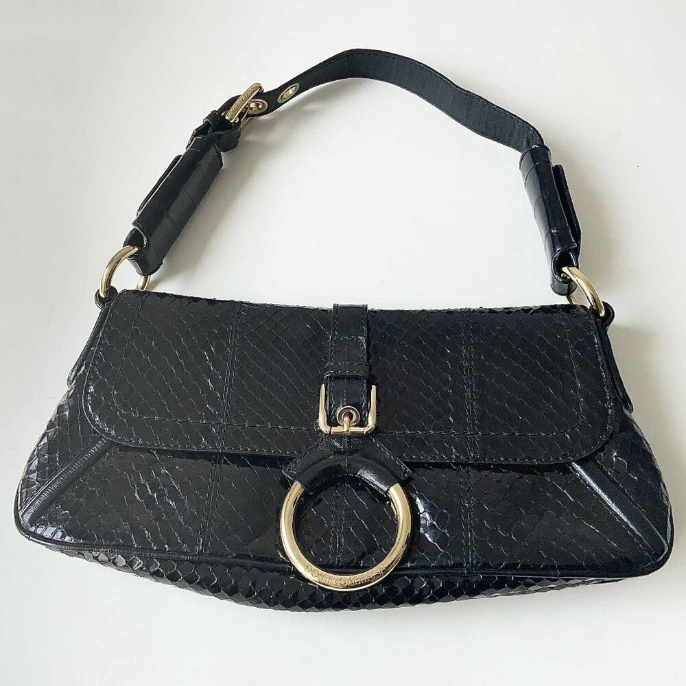 Dolce & Gabbana Black Python & Eel Leather Flap Shoulder Bag with Gold Hardware